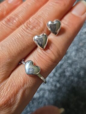 Sterling Silver Heart Ring and Stud Earrings Set - Silver